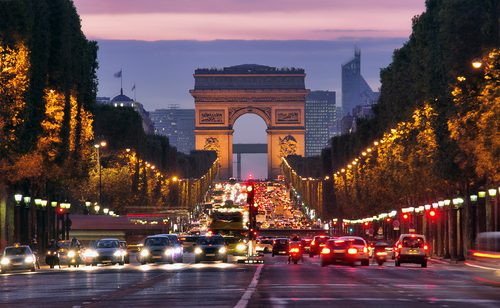 Paris,,Champs-elysees,At,Night.,Car,Traffic,Jam,On,Street,Near