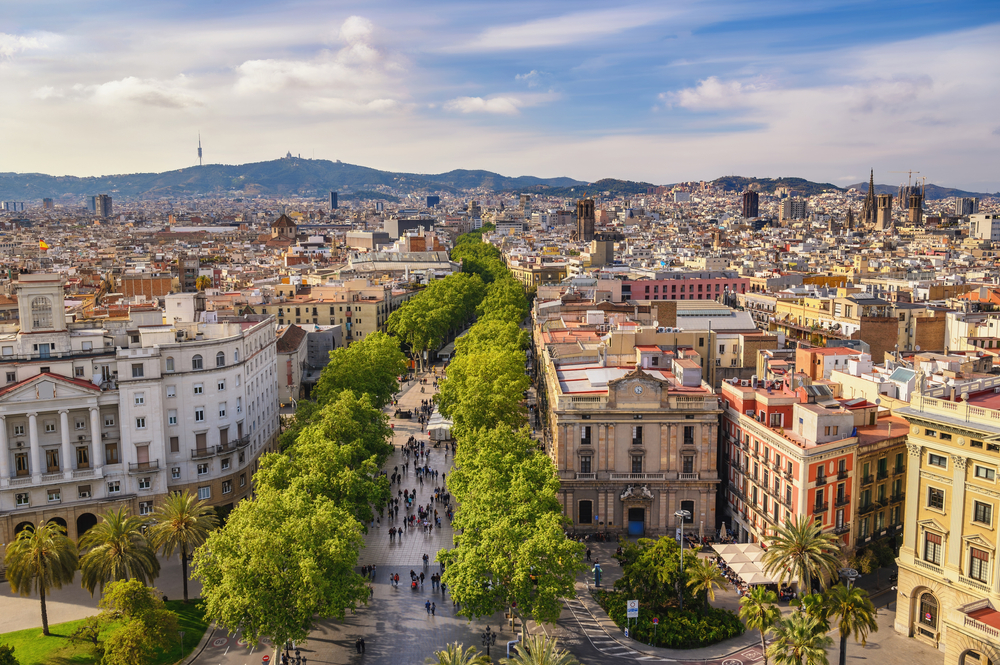 Barcelona,Spain,,High,Angle,View,City,Skyline,At,La,Rambla