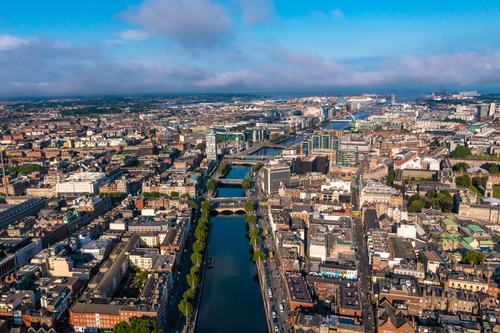 Establisher,Shot,Of,Dublin,Skyline,With,River,Flowing,With,Bridge