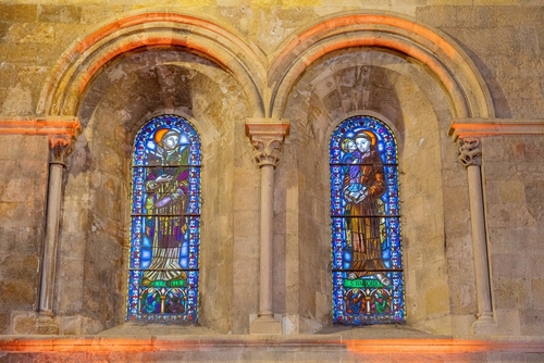 Two,Backlit,Stained,Glass,Windows,Inside,The,Lisbon,Cathedral