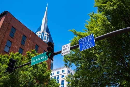 Downtown,Cityscape,Skyline,Along,Popular,Broadway,With,Vintage,And,Modern