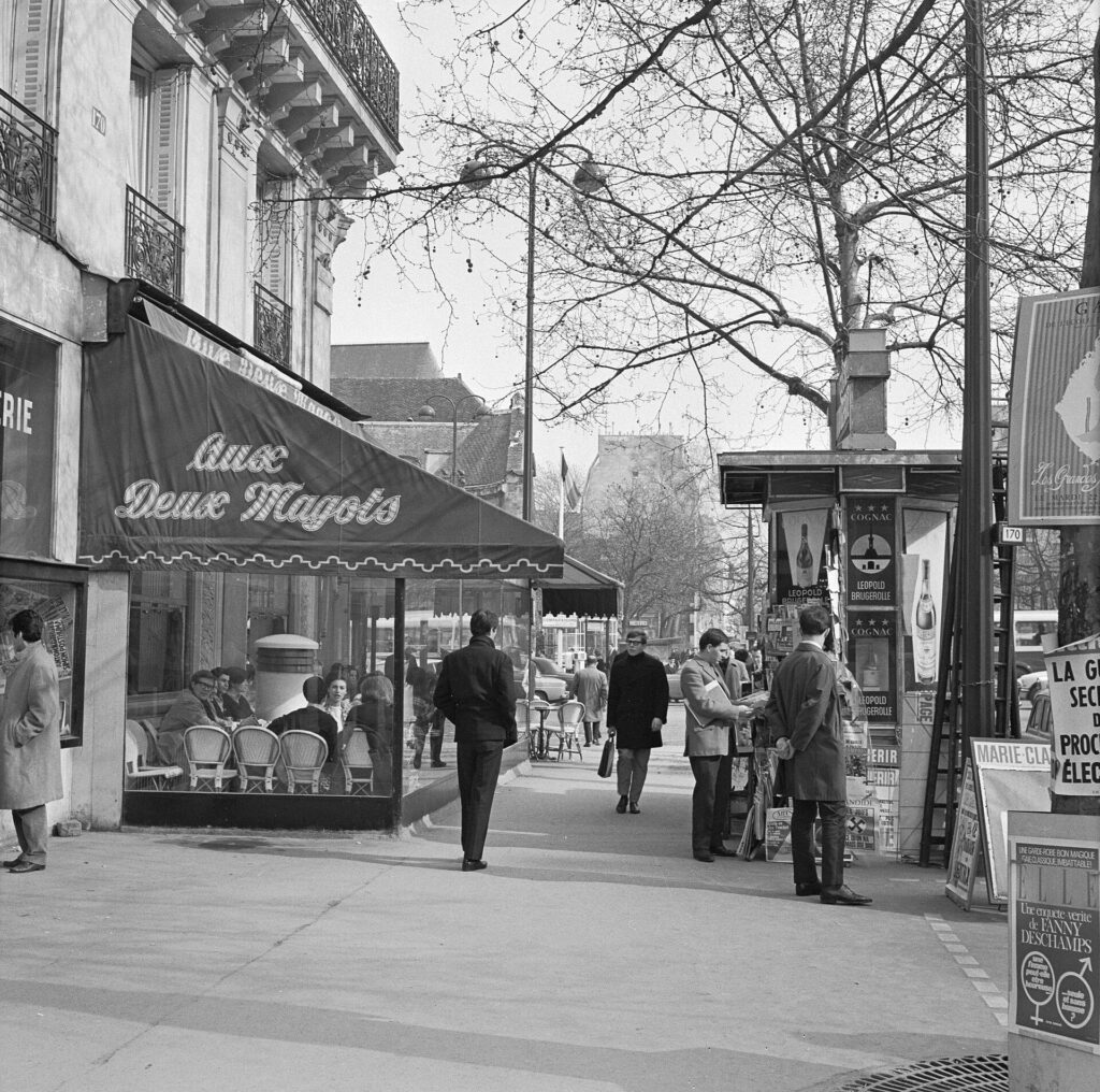 The terrace of Les Deux Magots in Saint-Germain-des-Prés, 1965
