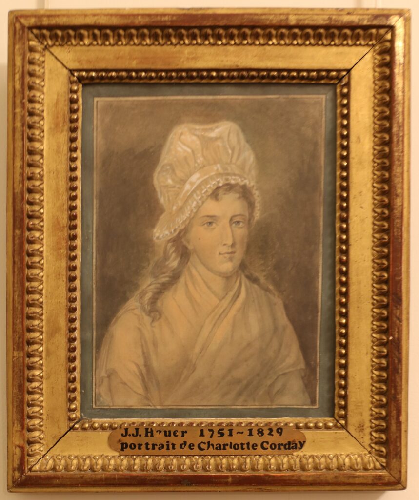 Portrait of Charlotte Corday by Jean-Jacques Hauer in its frame