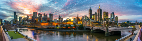 Panoramic,Melbourne,Skyline,At,Sunset,,Sky,And,Beautiful,Light