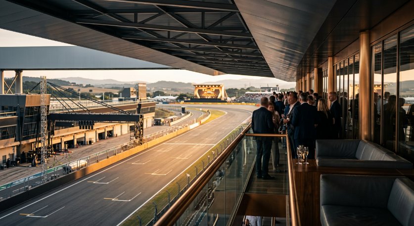 Gold grandstand on the main straight of the Madring Circuit
