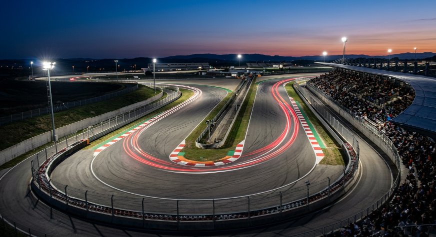 Silver grandstand overlooking the high-speed section of the Madring Circuit