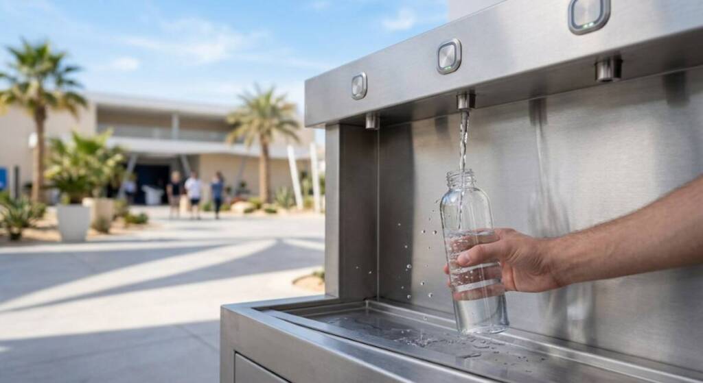 Shaded rest area and water station at the Madring Circuit