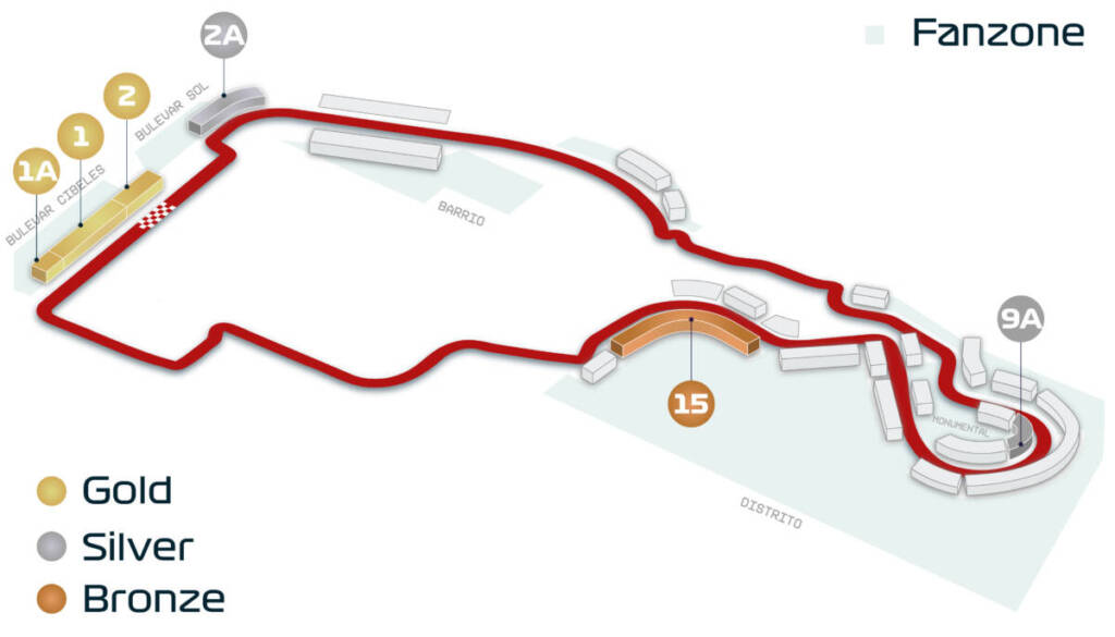 Map of the Madring Circuit showing the grandstand zones available on this site